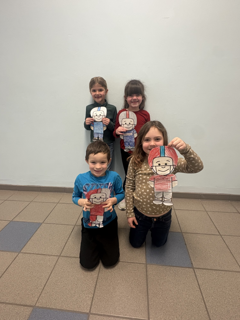 Scenes from the Super Bowl LX winner activity Ms. Alyssa Allein recently did with her first graders. 