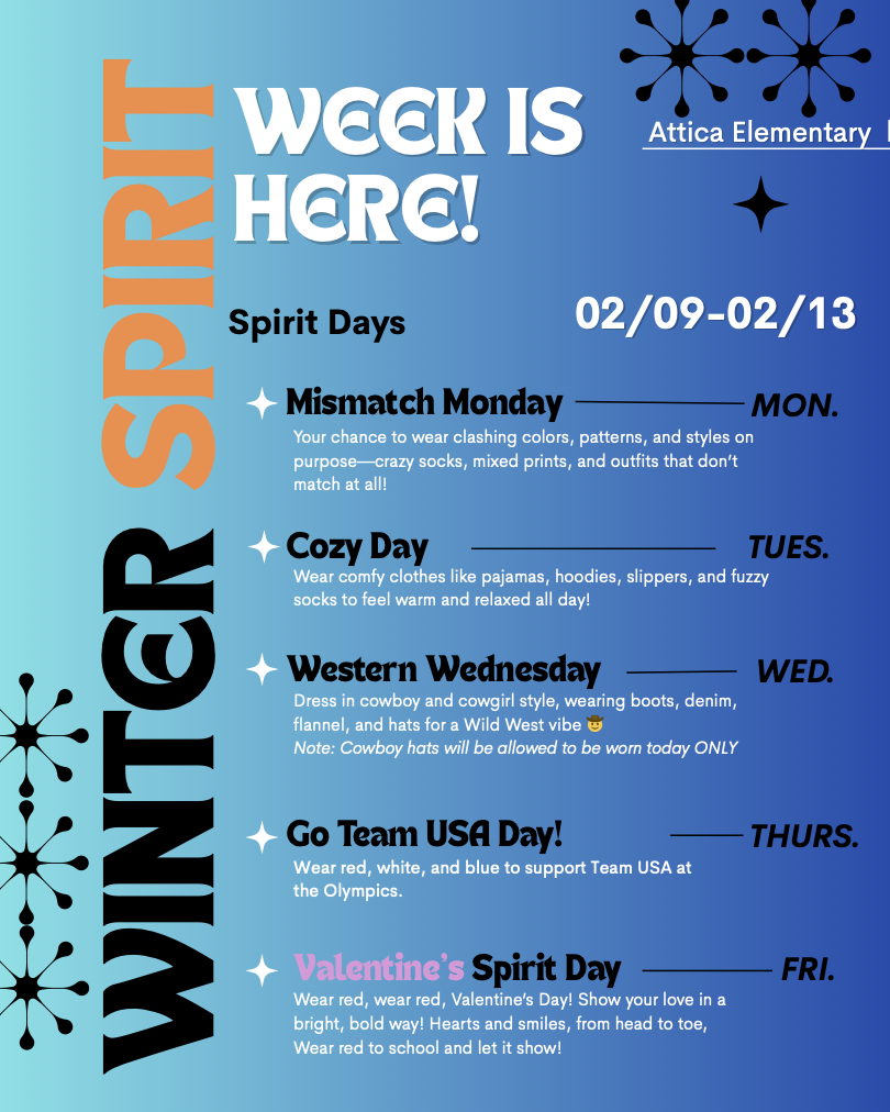 Winter Spirit Week informational flyer.