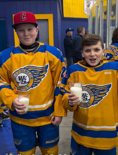 Attica 6th grader Jackson Bennett and Lancaster 6th grader Evan Ziemba are pictured in a screenshot from their Pass the Glass challenge video submission last month. 