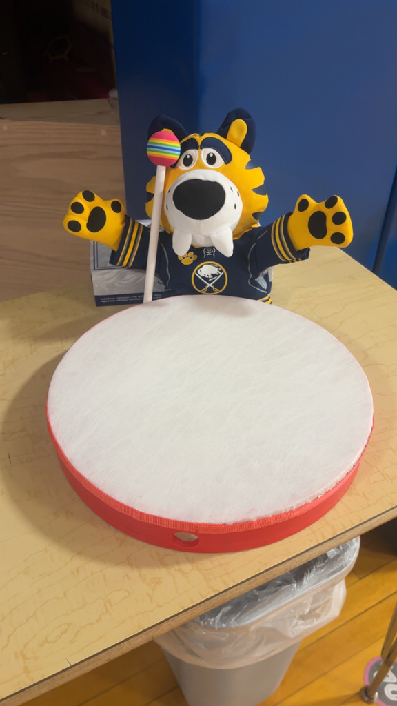 What better way to celebrate a Sabres playoff win (and wish them good luck tonight) than with Sabretooth and Attica Elementary’s very own Let’s Go Buffalo drum?!  