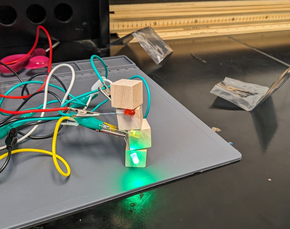 Stoplight out of woodblock, LED lights, and alligator clip wires, powered by a MiroBit coded by AHS STEM students.