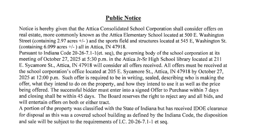 Public Notice of Sale - Old Elementary School - Attica, Indiana