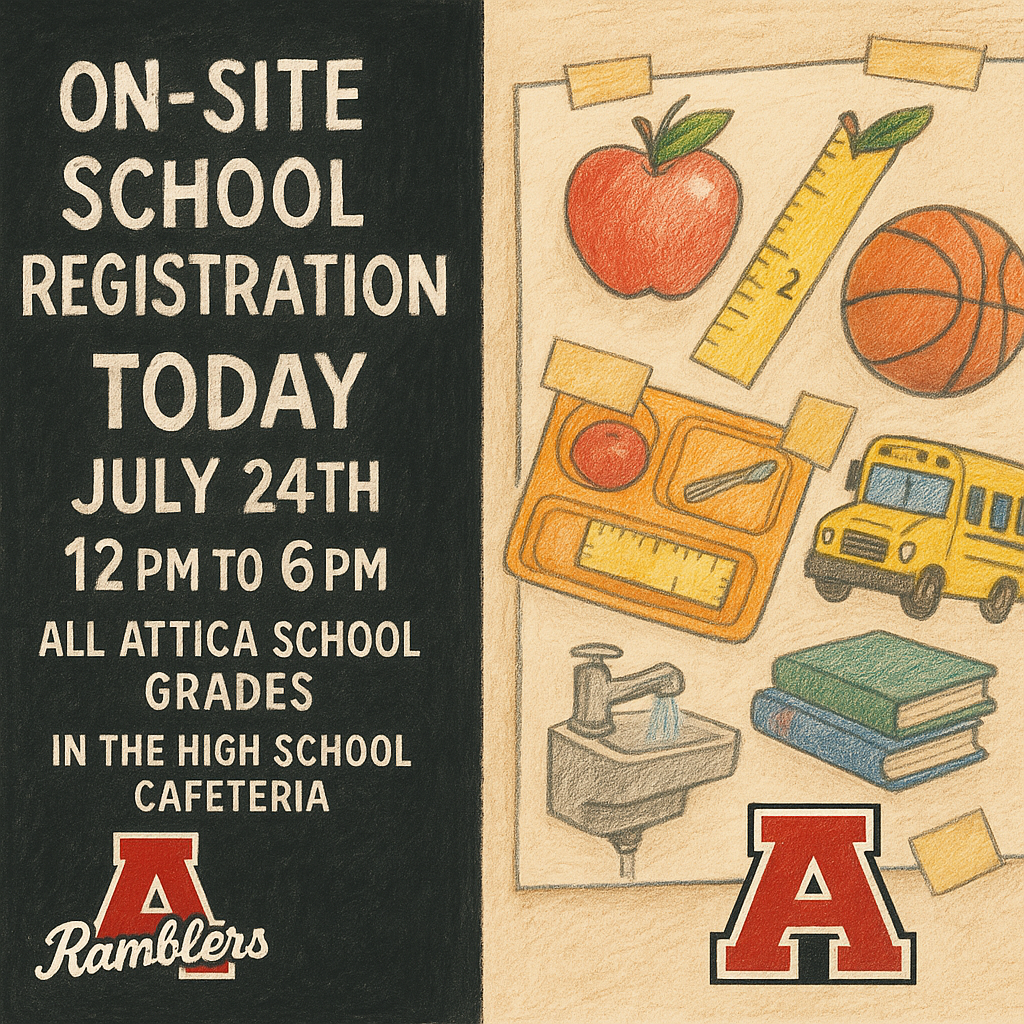 On-Site School Registration Today, July 24th, 12pm to 6pm, all Attica school grades in the high school cafeteria