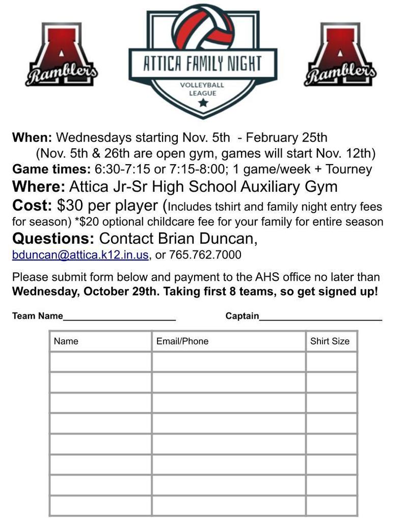 Attica Family Night Volleyball Team Registration Form