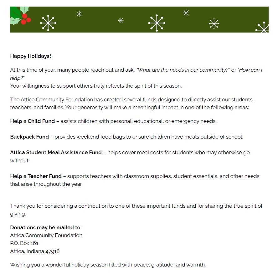 Opportunities for holiday giving in the Attica community.