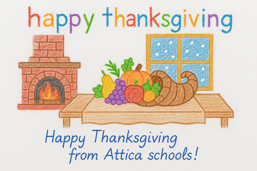 Happy thanksgiving from Attica school!  (a crayon drawing of a cornucopia with a fireplace and snow outside a window)