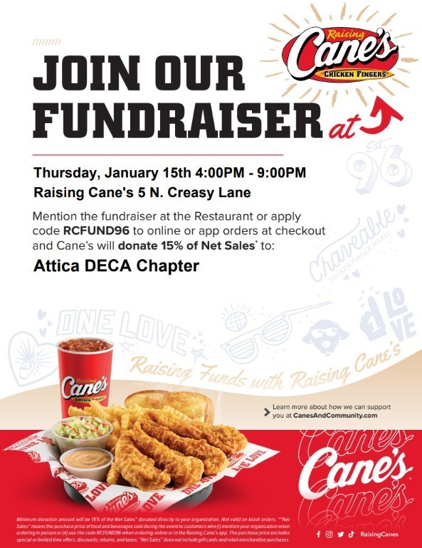 Attica chapter of DECA is raising funds with Raising Cane's, Thursday January 15th, 4pm to 9pm.