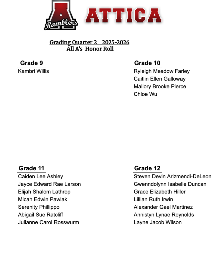 Attica HS All A Honor Roll