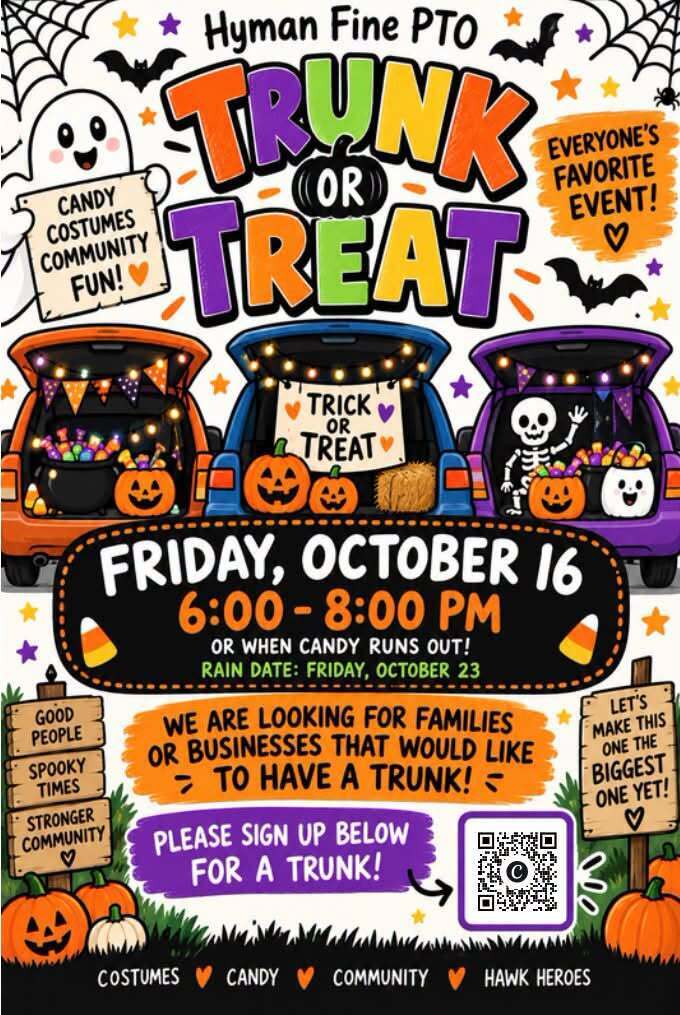 Trunk or Treat: Friday, October 16, 2026 @6:00 PM - 8:00 PM