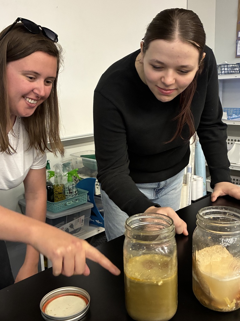 Instructor Ms. Ruggierik and student Natalie Candage discussing the breakdown of Wednesday's lunch as the students learn about wastewater treatment
