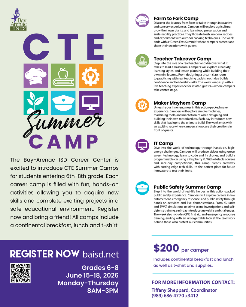 Grades 6-8 CTE Summer Camp flyer at BAISD