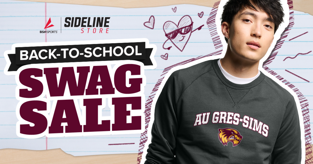 Back-to-school Swag Sale graphic featuring a model wearing a dark Au Gres-Sims Wolverines sweatshirt, with “Back-to-School Swag Sale” and Sideline Store branding.
