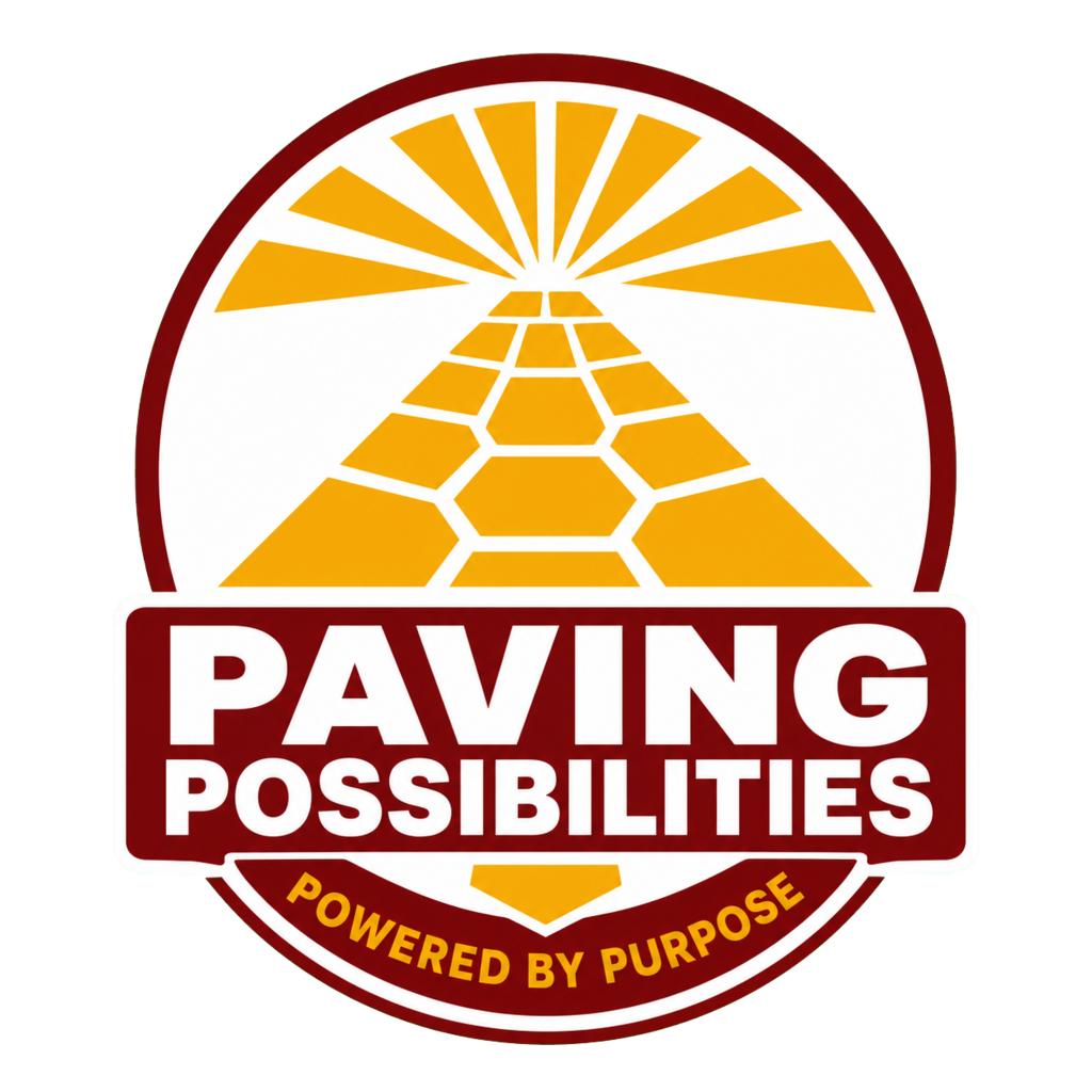 A yellow path forms a sunburst above the words “Paving Possibilities,” with “Powered by Purpose” in a red banner below.
