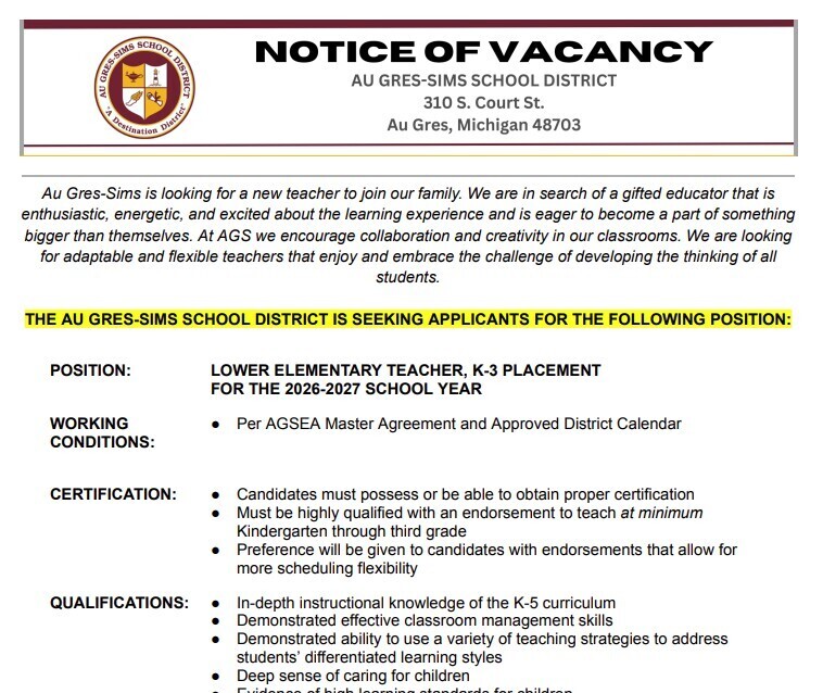 screenshot of the Notice of Vacancy for a lower elementary teacher