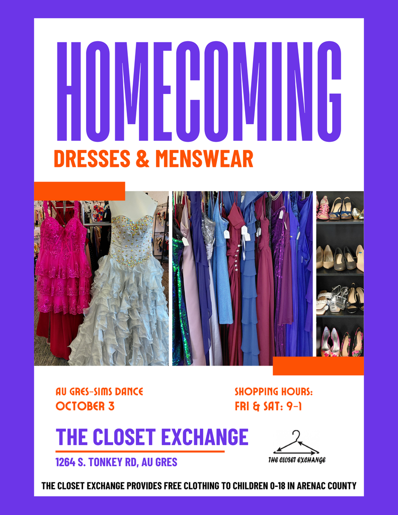 A flyer for The Closet Exchange advertising homecoming dresses and menswear, showing racks of formal gowns, shoes, and event details in Arenac County.