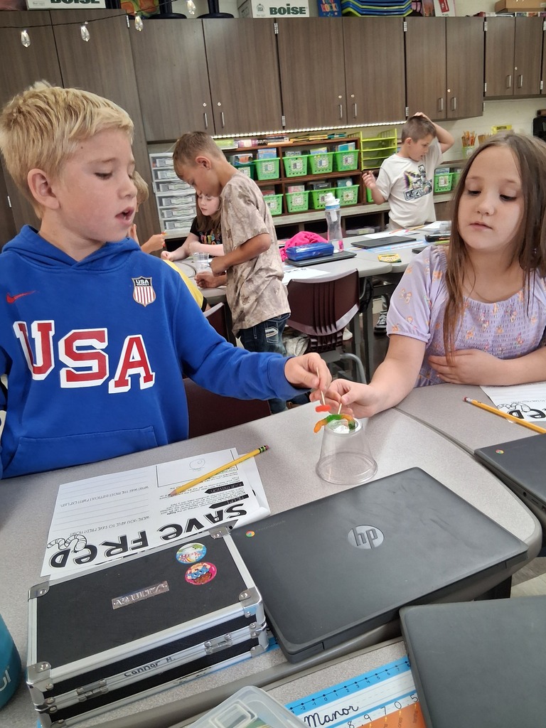 Students working together to put Fred the gummy worm through his life jacket gummy lifesaver.