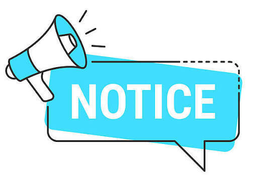 Illustration of a blue-and-white megaphone beside a bright blue speech bubble labeled “NOTICE,” conveying an urgent announcement.