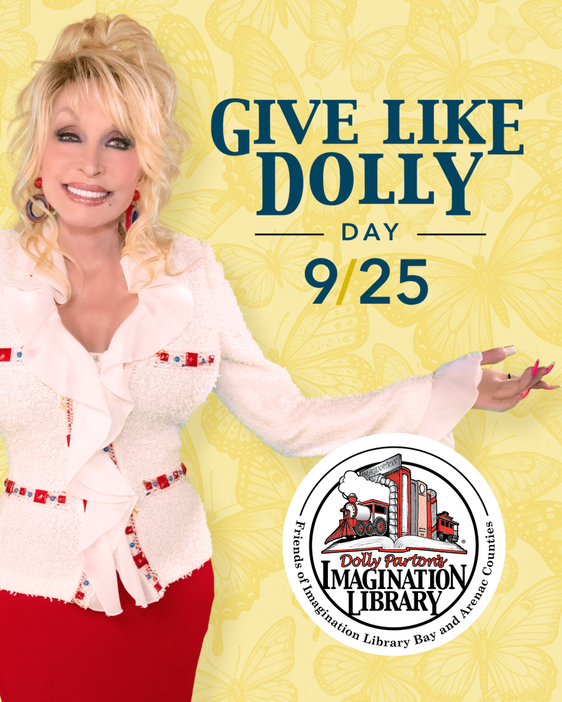 Flyer promoting Give Like Dolly Day asking for donations of books.