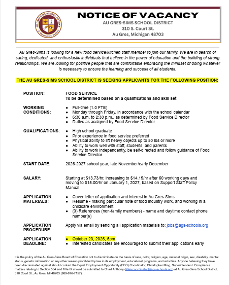 Notice of kitchen staff vacancy page 1