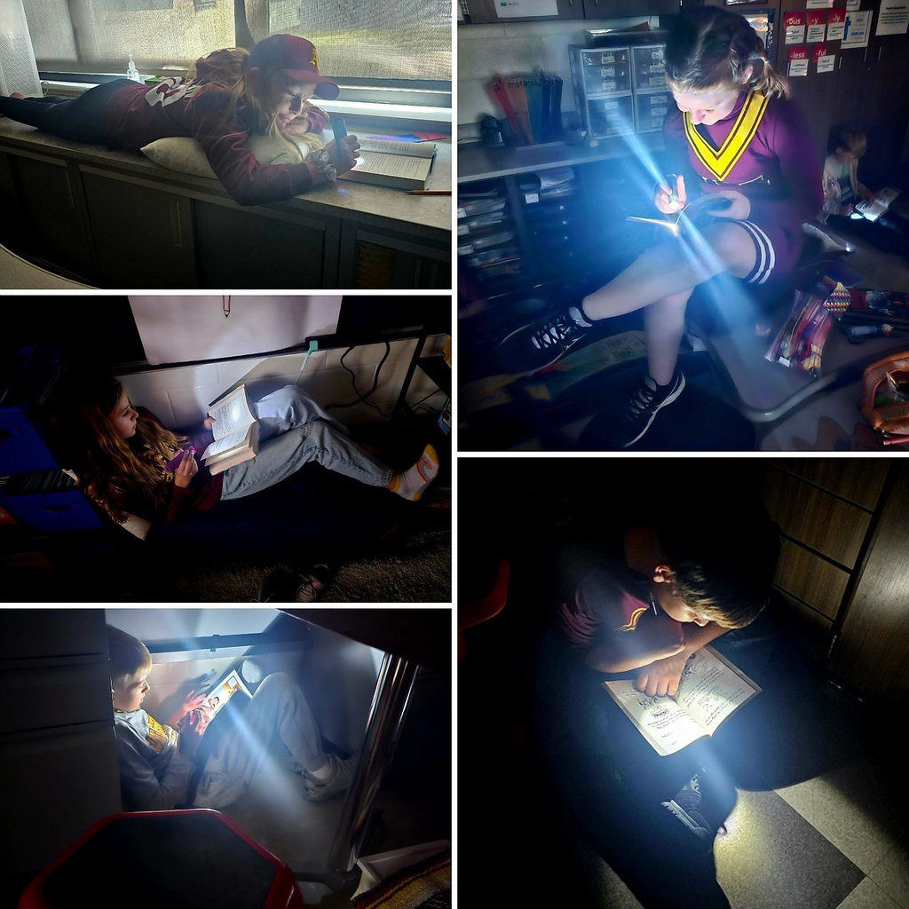 Collage of students reading in dark classroom using flashlights to read their books.