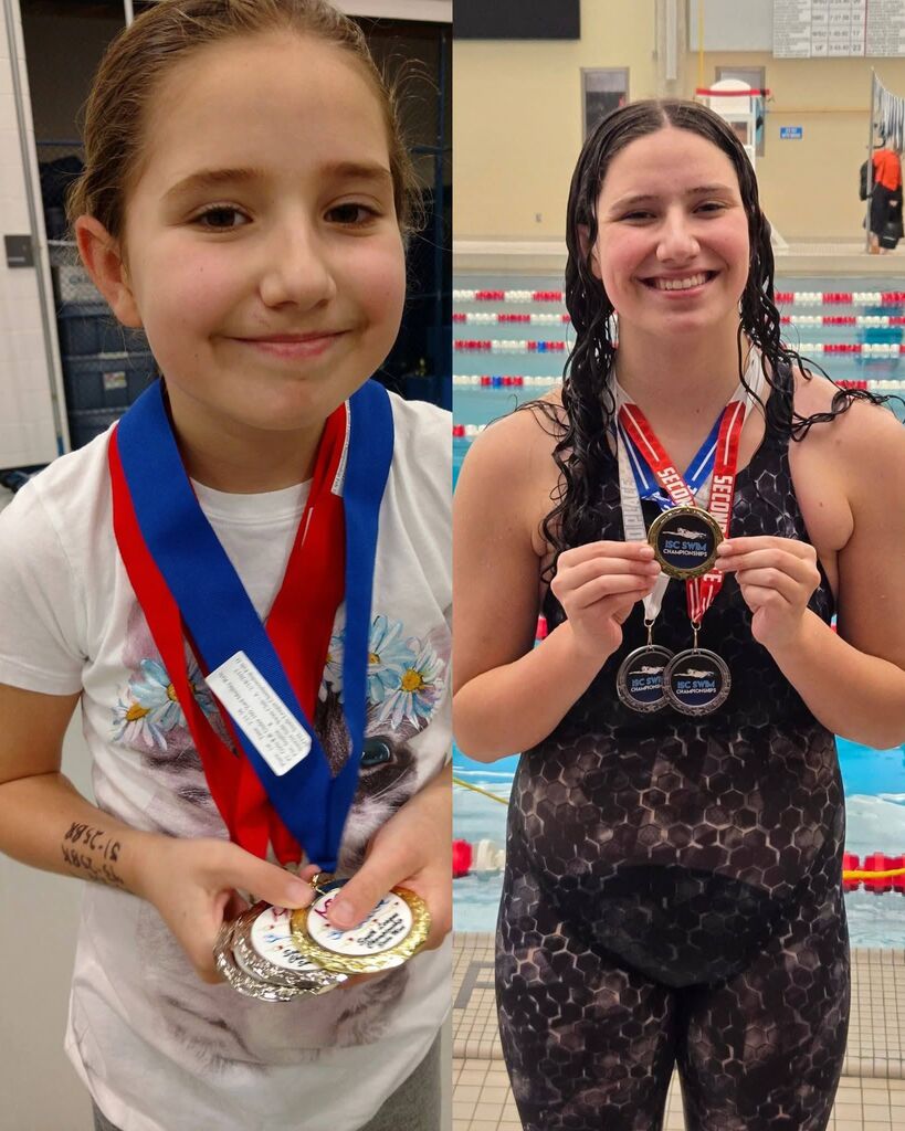 A split image showing a young girl in a white t-shirt and an older swimmer in a patterned suit, both smiling while holding their swimming medals.