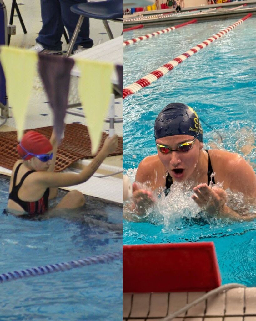 A split image showing a swimmer wearing a red cap in the water on the left, and a swimmer wearing a dark cap and goggles performing a breaststroke on the right.