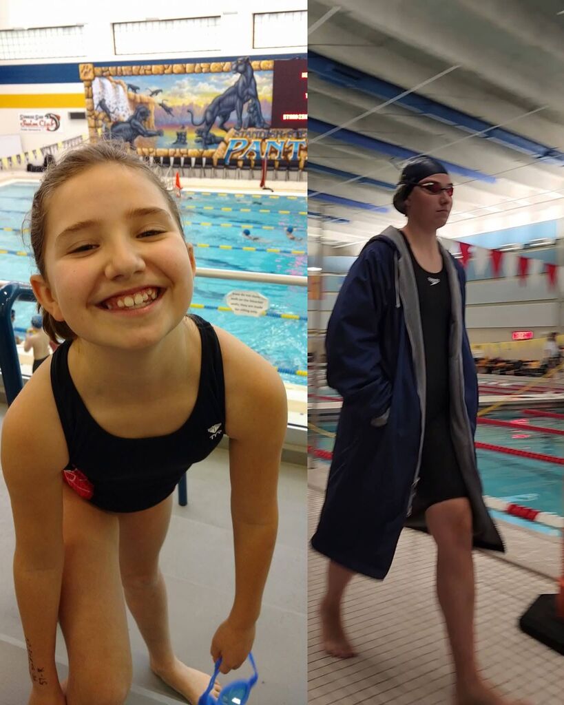A split image showing a smiling young swimmer in a black swimsuit on the left, and a swimmer in a dark parka and cap walking by a pool on the right.