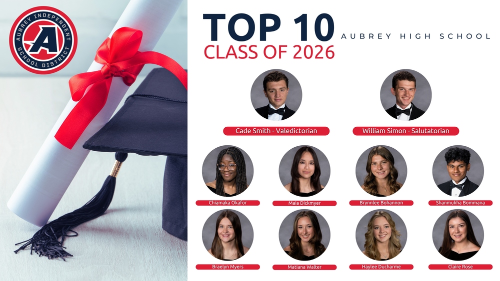 Aubrey High School Class of 2026 Top 10 Graduates photos on graphic with district logo, cap and tassel and rolled diploma