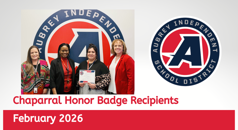 Chaparral Honor Badge recipient with district administrators on graphic with district logo