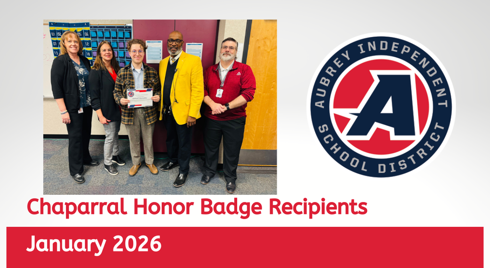 Chaparral Honor Badge recipient with district administrators on graphic with district logo