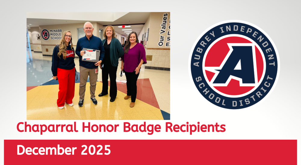 Chaparral Honor Badge recipient with district administrators on graphic with district logo