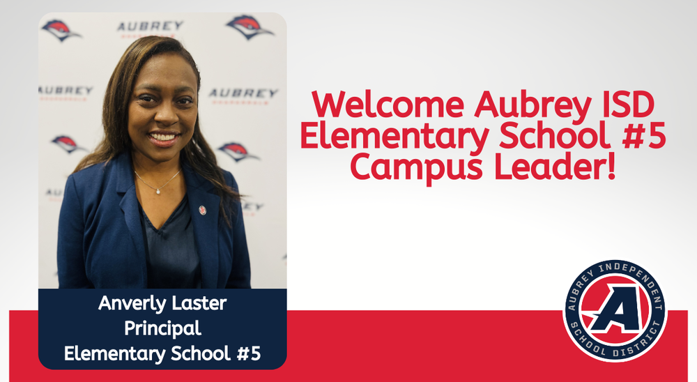 Principal of Elementary School number five Anverly Laster on graphic with district logo