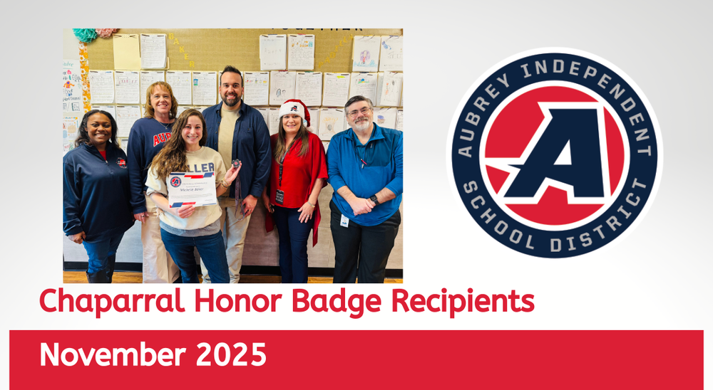 Chaparral Honor Badge recipient with district administrators on graphic with district logo