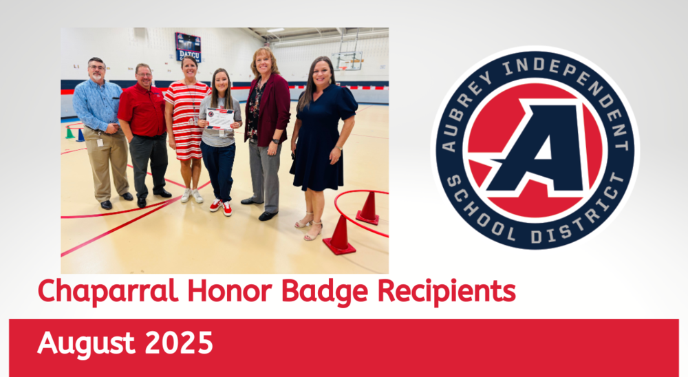 Chaparral Honor Badge recipient with district administrators on graphic with district logo