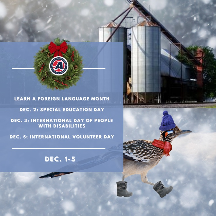 December Learn a Foreign Language Month  Dec. 2: Special Education Day  Dec. 3: International Day of People with Disabilities  Dec. 5: International Volunteer Day