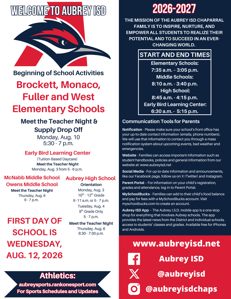 Red, blue and white image with dates and times for beginning of school activities, school start and end times and communications tools for parents in Aubrey ISD for the 2026-2027 school year
