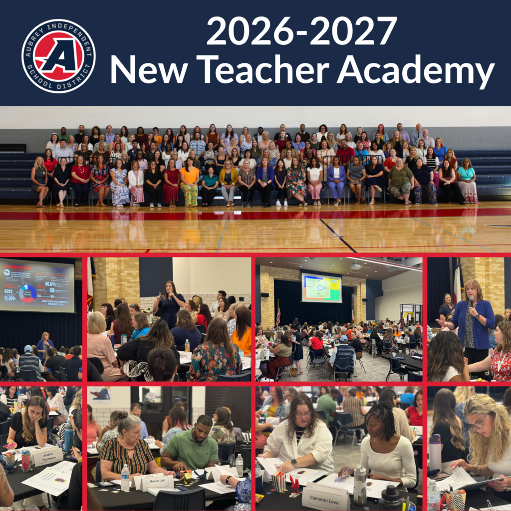 Photo collage from Aubrey ISD New Teacher Academy of educators in a group and learning from leaders.