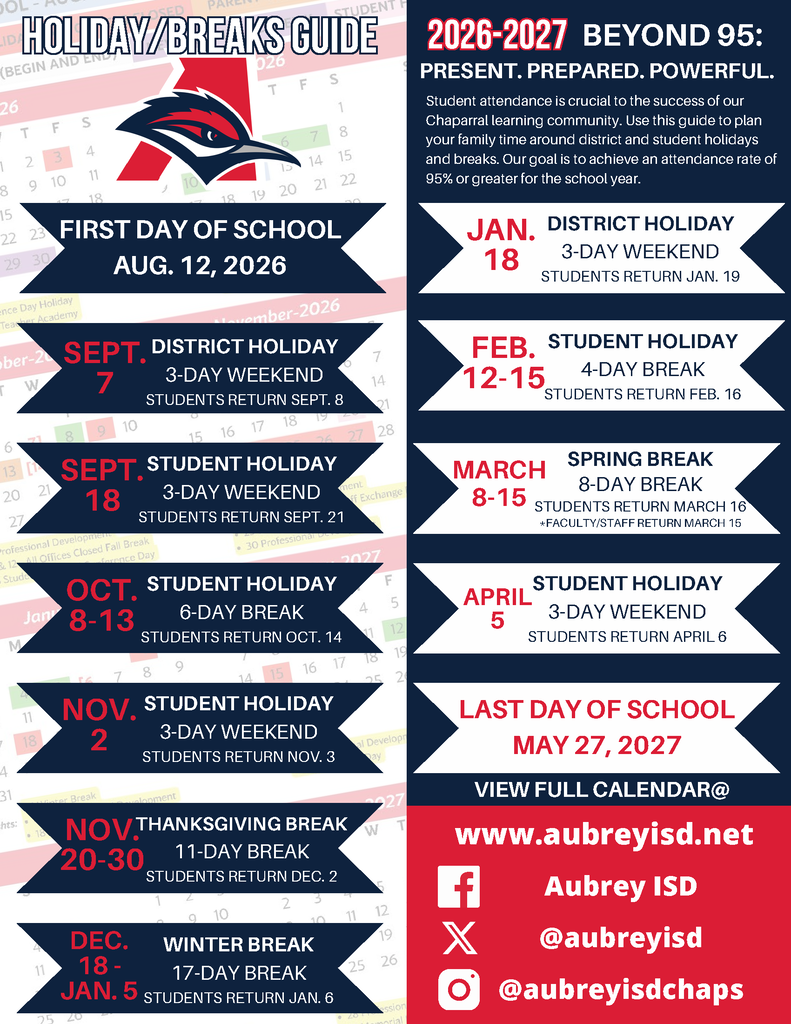 Aubrey ISD 2026-2027 Holiday and Breaks guide with key dates for school closures throughout the year and details about the Beyond 95 campaign to achieve a 95 percent or greater attendance rate.