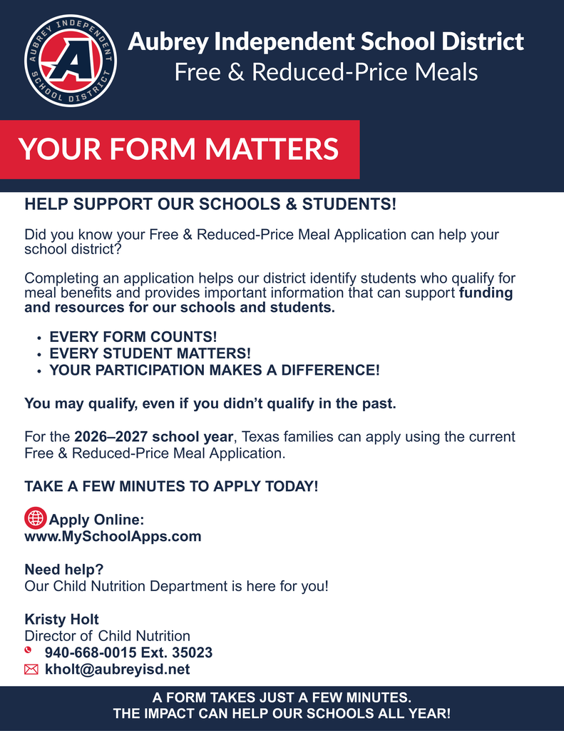 School district logo on blue, red and white flyer with details on applying for free and reduced-price meals