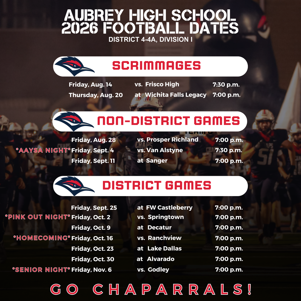 Aubrey High School Varsity Football schedule with dates, locations and times and faint image in background of players running onto field through inflatable tunnel