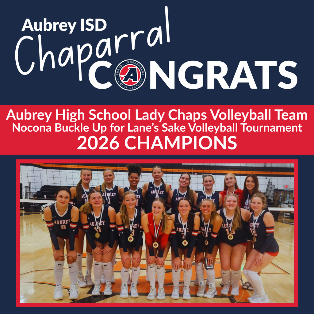 Aubrey ISD Chaparral Congrats graphic with group photo of Lady Chaps Volleyball team wearing medals as Nocona Buckle Up for Lane's Sake Tournament Champions 2026