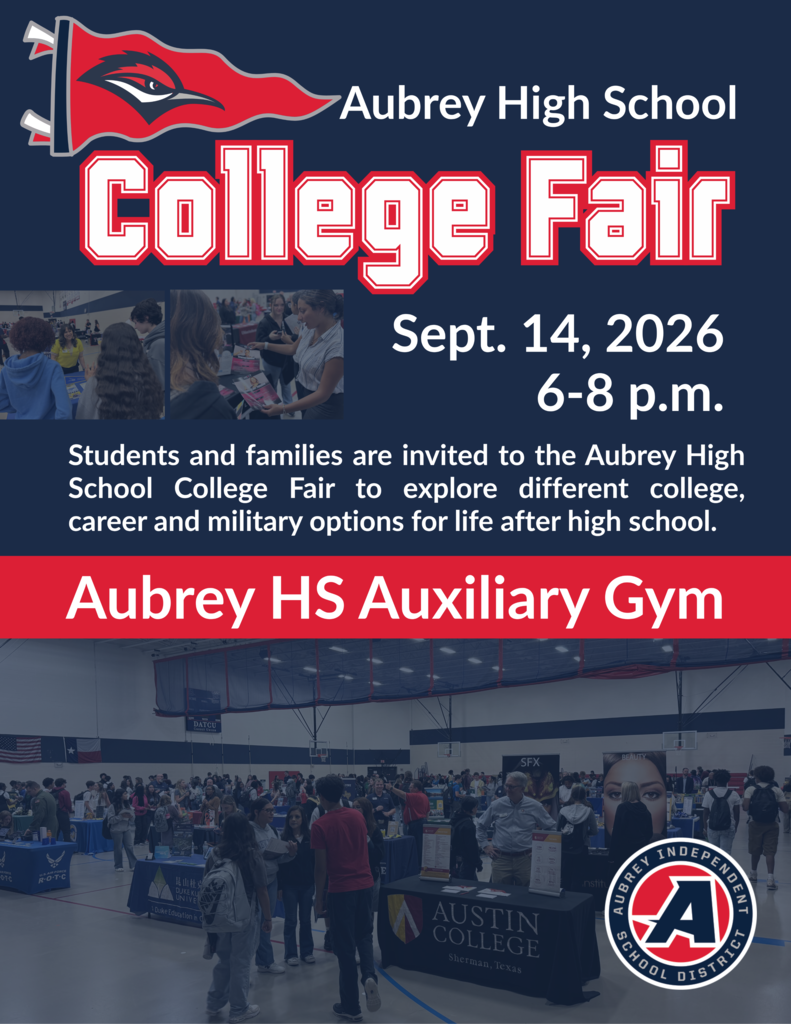 Aubrey ISD communications flyer for Aubrey High School College Fair on Sept. 14, 2026 from 6-8 p.m. in the auxiliary gym