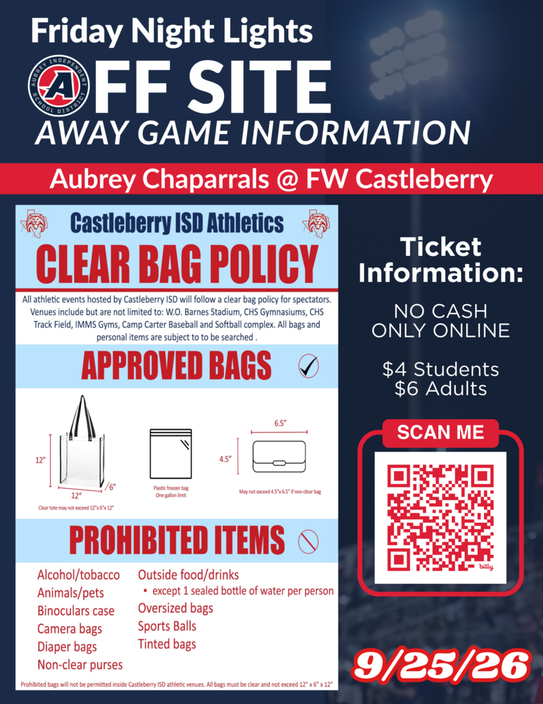 Friday Night Lights Off Site flyer for Aubrey vs Fort Worth Castleberry game on Sept. 25, 2026 with district logo, clear bag policy and ticket information for this away game