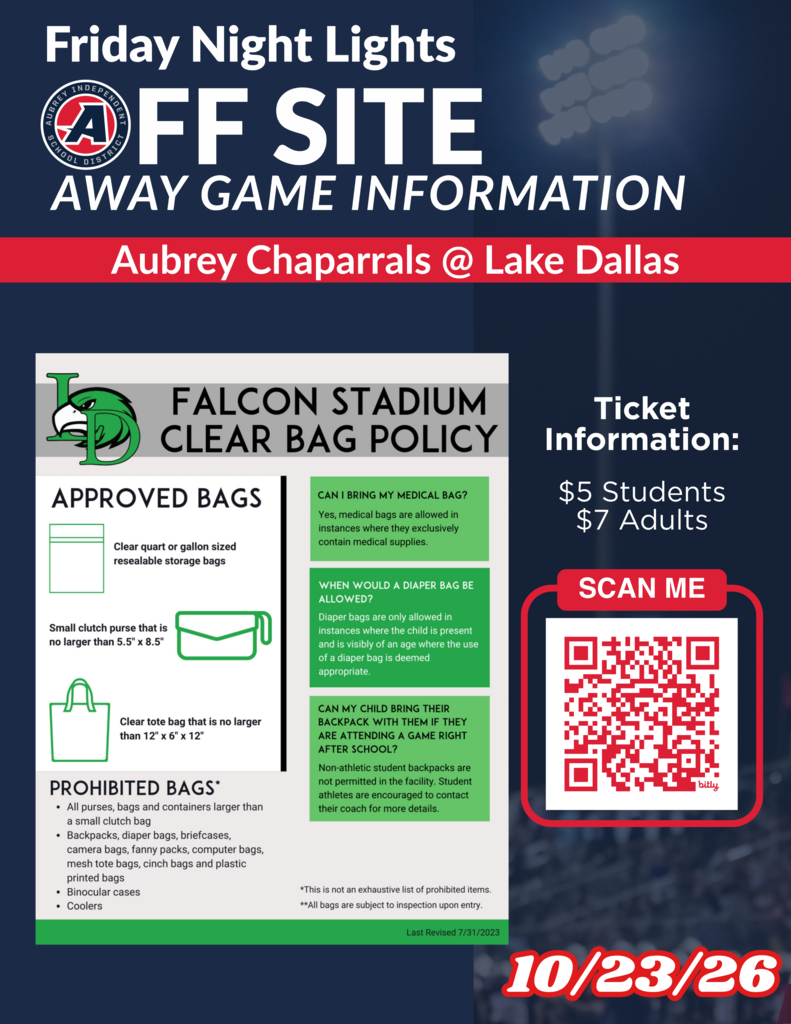 Friday Night Lights Off Site flyer for Aubrey vs Lake Dallas game on Oct. 23, 2026 with district logo, clear bag policy and ticket information for this away game