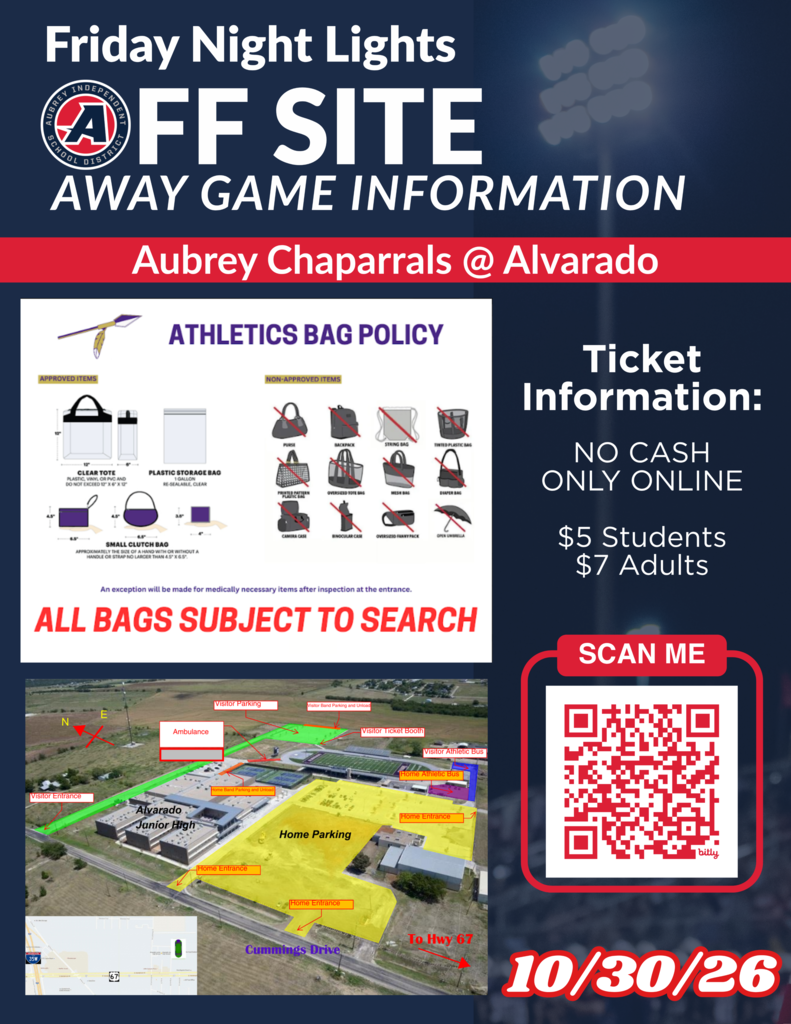 Friday Night Lights Off Site flyer for Aubrey vs Alvarado game on Oct. 30, 2026 with district logo, visitor parking and clear bag policy and ticket information for this away game