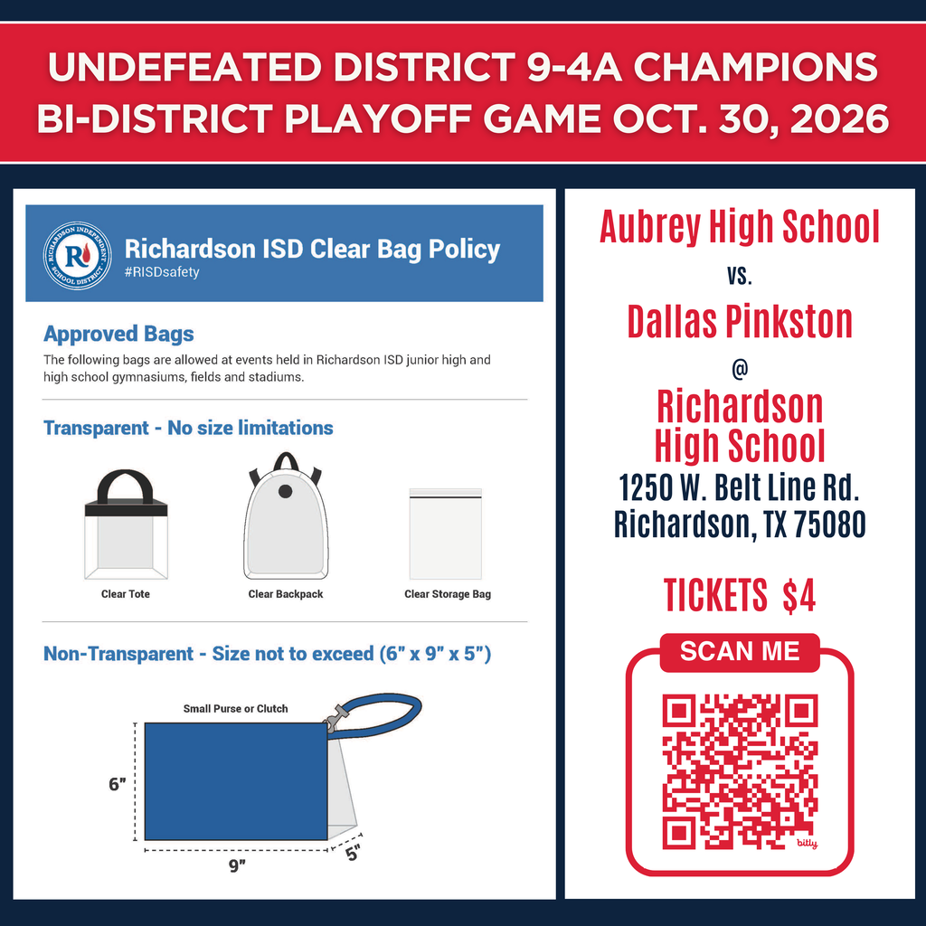 Aubrey High School vs. Dallas Pinkston volleyball playoff graphic with game location, ticket information and clear bag policy