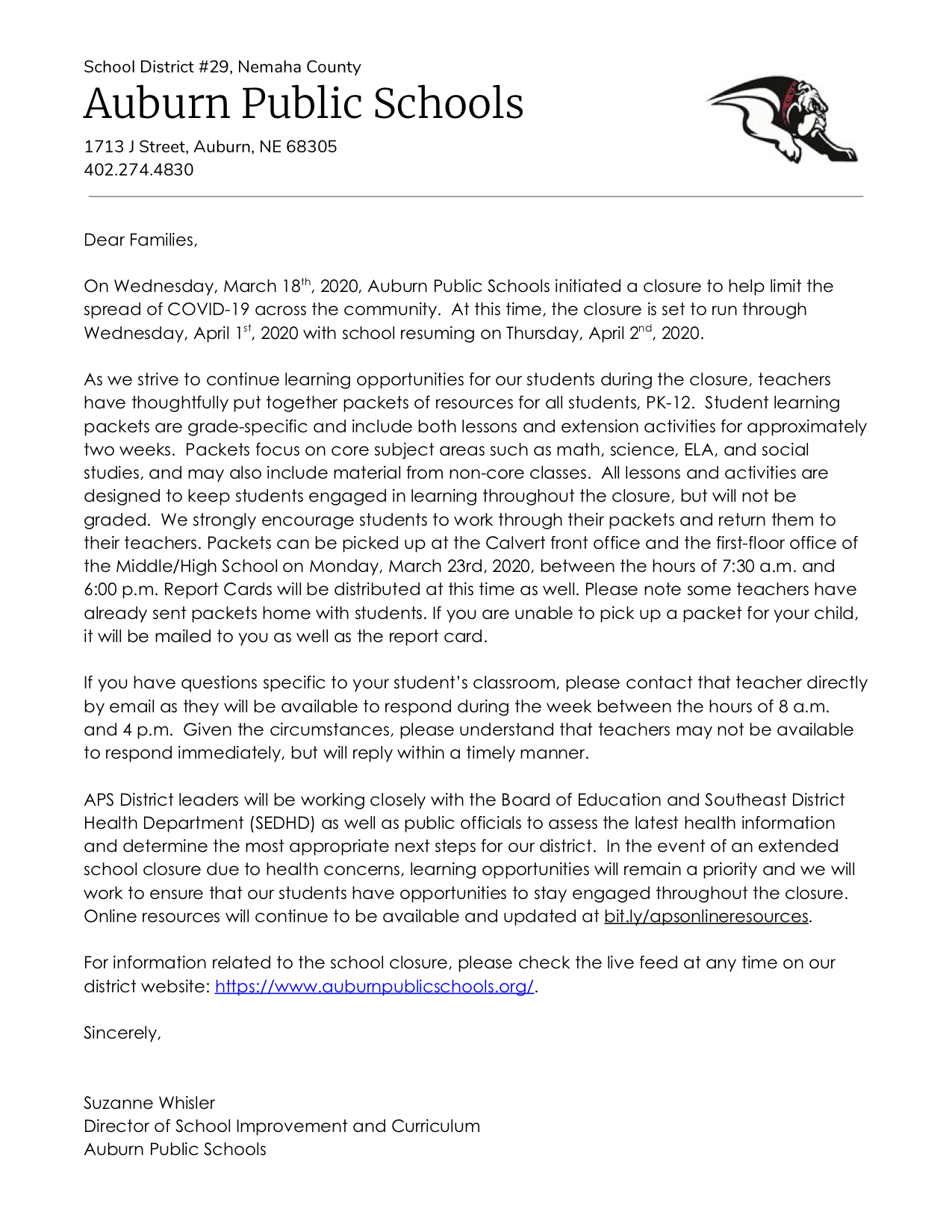 Packet Letter | Auburn Public Schools