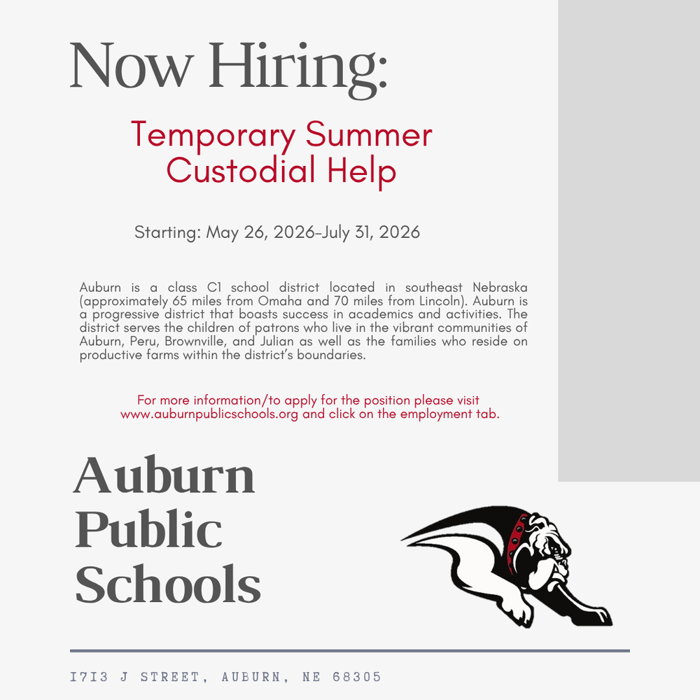 Auburn Public Schools is seeking reliable and hardworking individuals to join our custodial team for the summer.     Position Details:  Dates: May 26, 2026 – July 31, 2026 Schedule: Monday – Friday, 6:00 AM – 3:00 PM (1-hour lunch) Location: APS District Responsibilities:  Assist with summer deep cleaning projects across district facilities Perform floor care, including stripping, waxing, and buffing Complete general cleaning and sanitizing of classrooms, offices, and common areas Move and arrange furniture as needed for cleaning and preparation for the school year Work collaboratively as part of a team to ensure all buildings are ready for the upcoming school year 