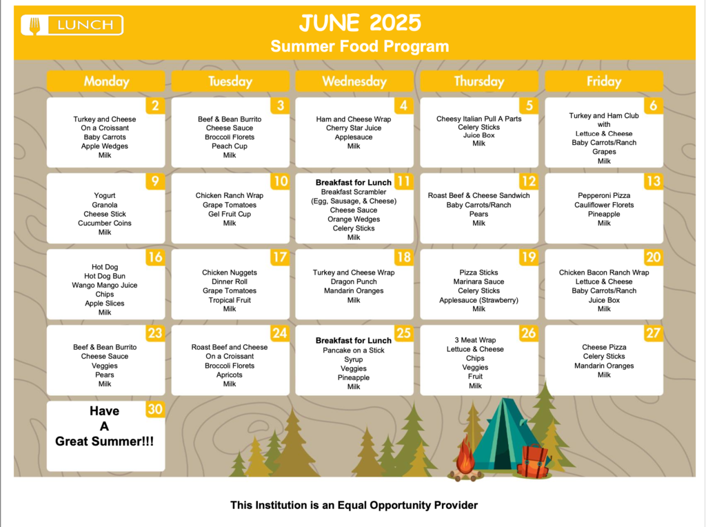 Calendar of all the meals this summer