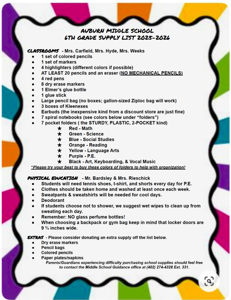 6th grade supplies